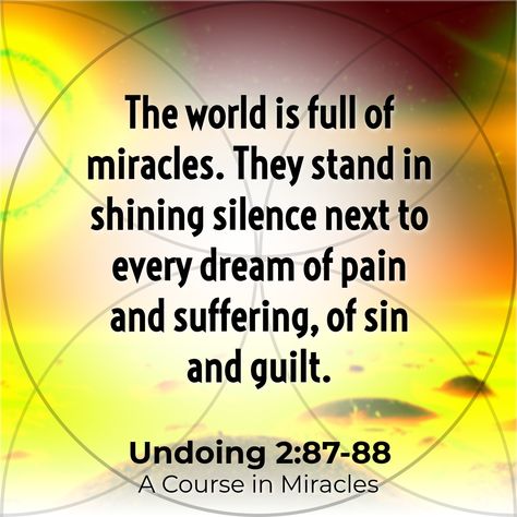 “The world is full of miracles. They stand in #shining #silence next to every dream of pain and suffering, of #sin and guilt.” Undoing 2:87-88 A Course in Miracles #A #truth #wisdom #dailymessage https://yourmessage.today Miracle Quotes, Laws Of Life, Course In Miracles, A Course In Miracles, Quotes