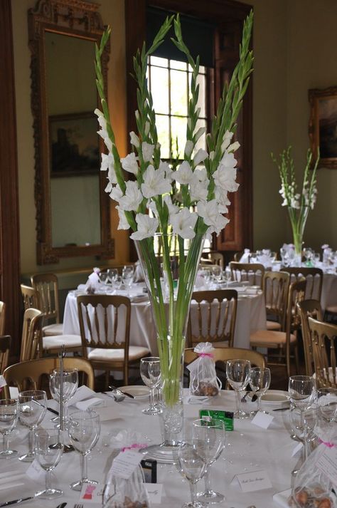 Gladiolus Wedding Decor, White Gladiolus Wedding, Gladiolus Centerpiece Wedding, White Gladiolus Centerpiece, Gladiolus Wedding Centerpiece, Gladiola Centerpiece, Gladioli Flower Arrangements, Wedding Gladiolus, Gladiolus Flower Wedding