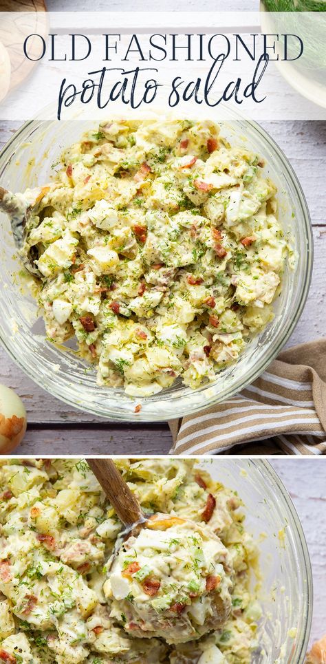 This old fashioned potato salad is soon to be a staple side dish in your house! Loaded with tender potatoes, crispy bacon, fresh dill, and a tangy pickle relish dressing, it goes great with any meal. Potato Salad With Dill Pickles, Simple Potato Salad, Pickle Dressing, Old Fashioned Potato Salad, Potatoes Crispy, Classic Potato Salad, Bacon Potato Salad, How To Store Potatoes, Dinner Today