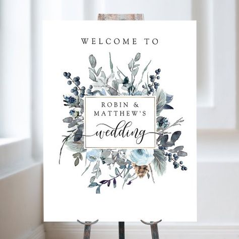 $11.05 | Dusty Blue, Navy White Floral Wedding Welcome Sign #wedding welcome sign, wedding signage, wedding welcome, dusty blue, blue floral, dusty blue floral, calligraphy, navy blue floral, blue foliage, watercolor floral White Welcome Sign, Floral Calligraphy, Woodland Theme Wedding, Foliage Watercolor, Signage Wedding, White Floral Wedding, Blue Foliage, Welcome Sign Wedding, Blue Theme