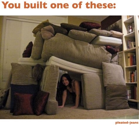 If you remember this, you childhood was awesome. Living Room Fort, 90s Memes, Indoor Forts, Cool Forts, Blanket Fort, Pillow Fort, Couch Cushions, Sleepover Party, The Good Old Days