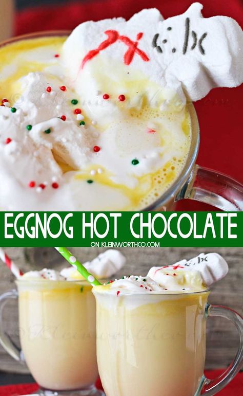 Eggnog Hot Chocolate is an easy non-alcoholic eggnog recipe that the little ones love. But it's so good that even the kids at heart will want some too. Perfect for the holidays. Make Thanksgiving and Christmas so good with this easy drink recipe. Eggnog Treats, Non Alcoholic Eggnog Recipe, Eggnog Chocolate, Hot Christmas Drinks, Eggnog Hot Chocolate, Chocolate Eggnog, Christmas Drinks Nonalcoholic, Alcoholic Eggnog, Eggnog Recipes