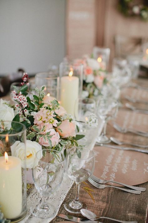 www.unionbloomsfloral.com can create this beautiful wedding flower look. #centralfloridaflorist #orlandoweddingflorist #2015Weddings Rustic Wedding Table Setting, Wedding Candles Table, Elegant Wedding Reception, Candle Table, Rustic Wedding Centerpieces, Wedding Table Decorations, Vintage Style Wedding, Long Table, Nashville Wedding