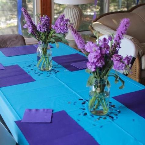 Teal, blue, and purple themed party. It was beautiful! Teal And Purple Party Decorations, Purple Themed Party, Purple Birthday Decorations, Teen Girl Birthday Party, Purple Party Decorations, Gender Reveal Box, Teal Party, Boy 16th Birthday, Purple Birthday Party