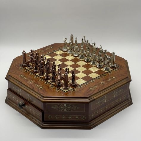 21.2” Octagon Wooden Luxury Brown Chess Set with Greek Metal Chess Figures 😍 25% discount! Free shipping! For ordering 👇👇👇 www.asyawoodart.com #chess #chessset #chesspieces #chessboard #spanish Chess Guide, Handmade Chess Set, Glass Chess Set, Large Chess Set, Chess Figures, Metal Chess Set, Glass Chess, Chess Boxing, Luxury Chess Sets