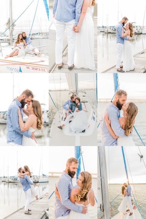 This beautiful engagement session was taking in Charleston, SC on the sail boat called mental heeling. Photos by Fine art wedding photographer simply korsun. Models outfits are an inspiration for any engagement or anniversary session! Yatch Boat Pre Wedding, Yatch Wedding Photoshoot, Yacht Club Engagement Photos, Sail Boat Couples Photos, Yacht Photoshoot Couple, Yacht Couple Photoshoot, Engagement Boat Pictures, Engagement Photos On A Boat, Engagement Photos Boat