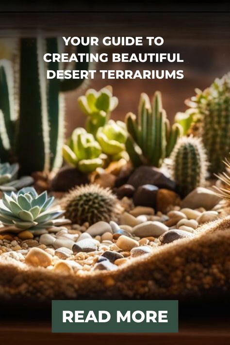 Assorted cacti and succulents arranged inside a terrarium illustrating a guide to creating desert terrariums with a 'Read More' call-to-action at the bottom. Terrarium Hardscape Ideas, Desert Vivarium Ideas, Desert Reptile Terrarium Ideas, Desert Terrarium Ideas, Desert Terrarium, Terrarium Desert, Dessert Landscaping, Plant Apartment, Tropical Terrariums