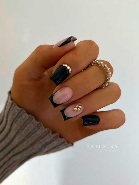 Black French Nails with Gold Rhinestones Nails With Gold Rhinestones, French Nails With Gold, Winter Nails 2023, Deer Nails, Black French Nails, Black Gold Nails, Nye Nails, Nails With Gold, New Years Eve Nails