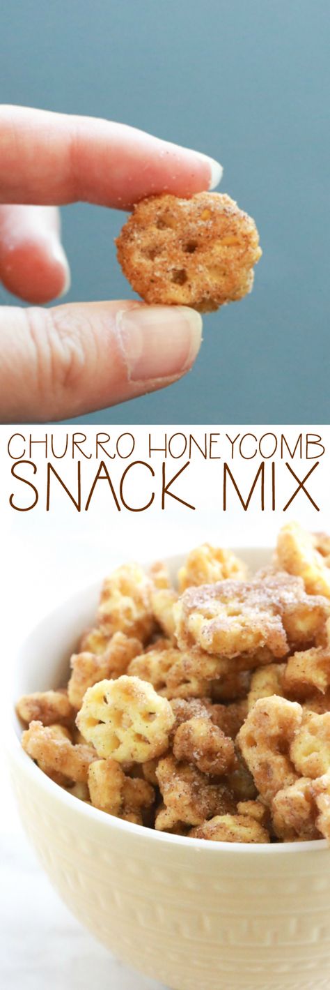 Trivia Snack Ideas, Honey Comb Cereal Snack Ideas, Churro Honeycomb, Honeycomb Snack, Snack Mixes, Chex Mix Recipes, Snack Mix Recipes, Oreo Dessert, Puppy Chow