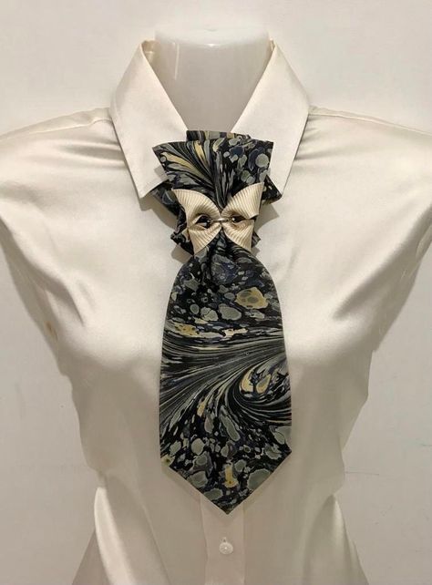 NEW! Tie women's. 100% silk Italy. Collar, necktie. Hand-made. The tie is ready to wear, the knot is tied and sewn on.  There is no need to tie anything. It is put on and fastened with a button (clasp). The product is unique because it is always hand-made, and then never find the same tie in all over the world. Outfits With Ties For Women, Neck Tie Outfit, Charity Shop Display Ideas, Women Neck Tie, Necktie Crafts, Women Wearing Ties, Tie For Women, Tie Women, Women Ties