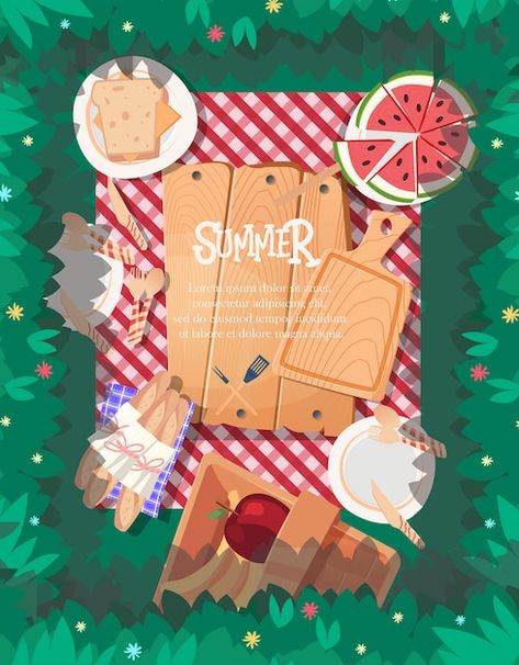 Vector summer poster design with tablecl... | Premium Vector #Freepik #vector #picnic-table #garden-table #nature-table #outdoor-table Picnic Poster Design, Picnic Graphic, Summer Poster Design, Picnic Poster, Picnic Design, Kids Market, Summer Poster, Graphic Design Poster, Summer Picnic