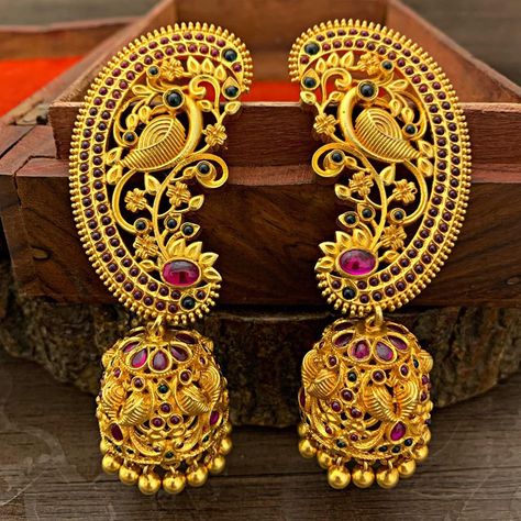 Silver Gold Plated Antique Jhumka ~ South India Jewels Antique Jhumka, Vintage Indian Jewelry, Gold Jhumka, Gold Jhumka Earrings, Ear Cuff Jewelry, Bridal Jewelry Vintage, Antique Jewellery Designs, Gold Bridal Jewellery Sets, Black Beaded Jewelry