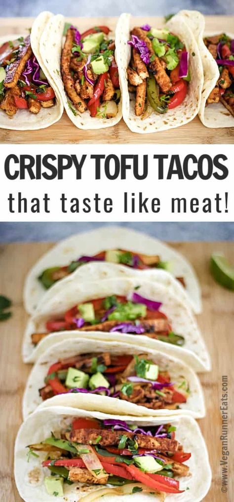 These crispy tofu tacos have been our family's favorite vegan Taco Tuesday recipe!  Chipotle-marinated fried tofu meat are perfect with fajita peppers and onions. Vegan, dairy free, meat free vegetarian recipe, with gluten free option. #vegantacos #tacos #tacorecipes #vegetarianrecipes #tacotuesday #cincodemayo #veganrecipes #tofurecipe Fajita Peppers, Tofu Meat, Vegetarian Tacos Recipes, Vegan Fajitas, Tofu Tacos, Fajita Vegetables, Vegan Taco, Vegan Mexican Recipes, Vegetarian Tacos