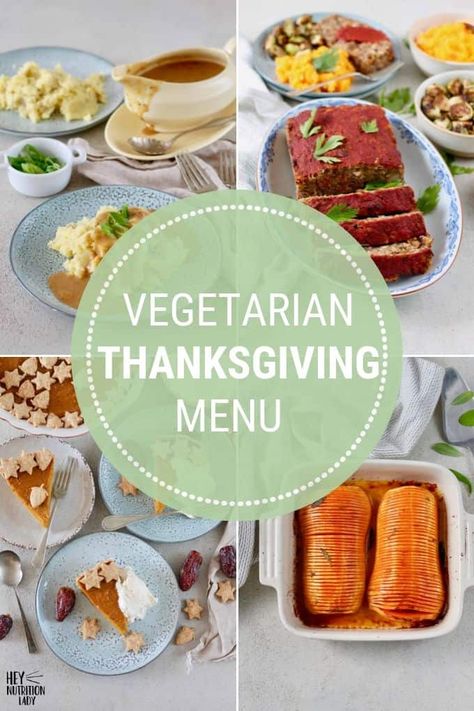 A complete Vegetarian Thanksgiving Menu including a protein-packed main dish, side dishes, and dessert! This post includes a printable grocery list to get all of your thanksgiving dinner supplies, and six delicious vegetarian recipes. #vegetarian #thanksgiving #menu #grocerylist #mealplan #heynutritionlady Thanksgiving Menu List, Thanksgiving Menu Printable, Vegetarian Gravy Recipe, Vegetarian Thanksgiving Menu, Vegan Thanksgiving Menu, Vegan Thanksgiving Dinner, Vegetarian Thanksgiving Recipes, Printable Grocery List, Traditional Thanksgiving Menu