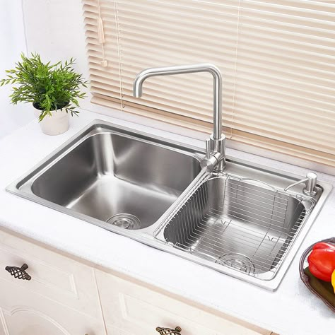 Modern Simple 304 Stainless Steel Sink Double Bowl Kitchen Washing Sink with Drain Basket and Liquid Soap Dispenser AOM8143 Undermount Stainless Steel Sink, Double Kitchen Sink, Modern Kitchen Sinks, Apron Sink Kitchen, Kitchen Sink Design, Liquid Soap Dispenser, Double Bowl Kitchen Sink, Kitchen Interior Design Decor, Double Bowl Sink