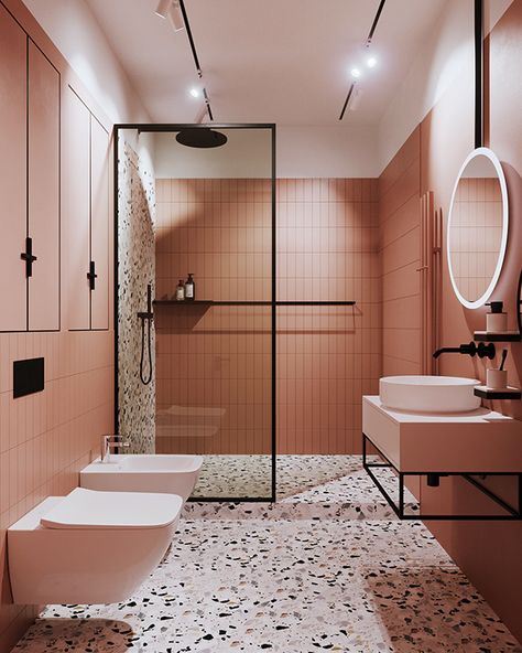 Terracotta Bathroom, Popular Bathroom Designs, Terrazzo Bathroom, Bathroom Color Schemes, Bathroom Color, Diy Bathroom Decor, Pink Bathroom, Small Bathroom Decor, Beautiful Bathrooms