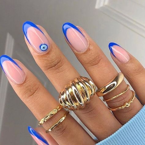 Photo by Nail Inspo in Los Angeles, California with @poppsbeauty. May be an image of jewelry. #Regram via @www.instagram.com/p/CMOHc-yMenb/ Blue Manicure Ideas, Summer Blue Nails, Nail Colors For Summer, Blue French Manicure, Blue Summer Nails, Gel Nails French, Wave Nails, Evil Eye Nails, Eye Nail Art