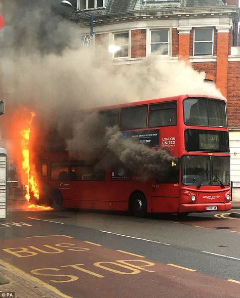 Emergency services fear the bus could explode, next to shops and buildings ... Rt Bus, Great Comet Of 1812, Decker Bus, In Flames, Double Decker Bus, London Transport, Bus Coach, London Bus, London Street