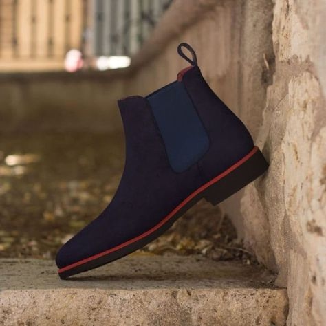 Handmade Men Blue and Red Striped Sole Color Chelsea Boots, Fashion Designer Boots - Etsy Australia Formal Slip-on Chelsea Boots With Suede Lining, Boots Outfit Men, Groom Fashion, Mens Dress Boots, Ryan Guzman, Custom Design Shoes, Custom Made Shoes, Bespoke Shoes, Karl Urban