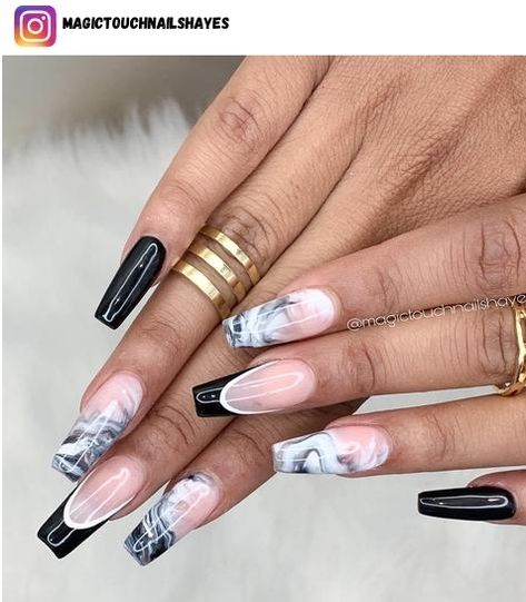 Black And White Marble Nail Designs, Marble Nails Tips, Pink And Black Marble Nails, Black And White Marble Nails, Black Marble Nails, Curved Nails, Marble Nail Designs, Nails Fashion, Black And White Marble