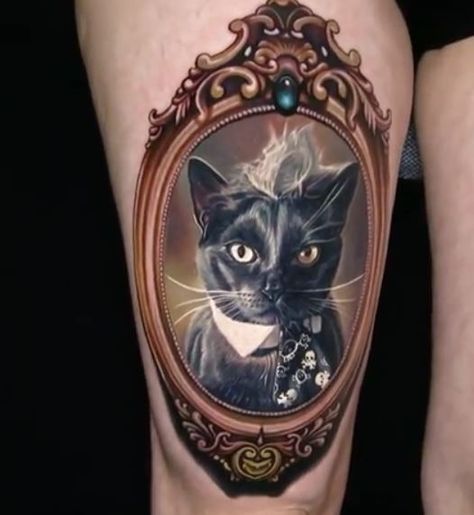 Cat portrait tattoo Animal Lover Tattoo, Cat Portrait Tattoos, Nikko Hurtado, Art Alternative, Tattoos For Dog Lovers, Cat Tattoo Small, Jewel Tattoo, Framed Tattoo, Knuckle Tattoos