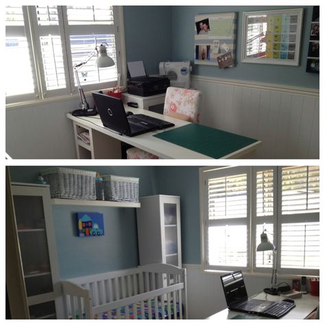 Craft room/study and Nursery all rolled into one room. Shared Nursery And Office, Nursery And Office Combo Ideas, Nursery Office Combo Layout, Baby Room And Office Combo, Office And Nursery Combo, Office Nursery Combo, Nursery Office Combo, Office And Nursery, Nursery Guest Room Combo