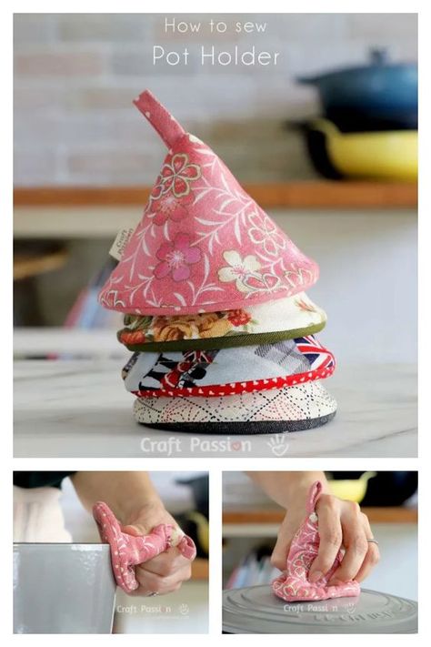 Cone Pot Holder Free Sewing Pattern Kitchen Decor Sewing Projects, Fabric Birds Diy, Kitchen Items To Sew, Homemade Pot Holders Diy, Vintage Pot Holders, Sewing Potholders Free Pattern, Sewing Hot Pads, Diy Pot Holders Sewing, Hot Pads Sewing Patterns Free