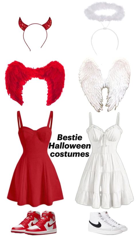 Halloween costumes for Besties Costumes For Besties, Halloween Costumes For Besties, 2 Person Halloween Costumes, Two Person Halloween Costumes, Angel And Devil Costume, Fun Halloween Outfits, Angel Halloween Costumes, Cute Group Halloween Costumes, Matching Halloween Costumes