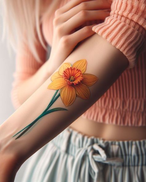 Celebrate March with a single daffodil tattoo. This bright bloom symbolizes new beginnings and fresh starts—perfect for ringing in spring with style! Daffodil Tattoo Sleeve, Rose And Daffodil Tattoo, Single Daffodil, Single Tattoo, Sweet Pea Bouquet, Bloom Tattoo, Flowers Tattoos, Carnation Tattoo, February Birth Flowers