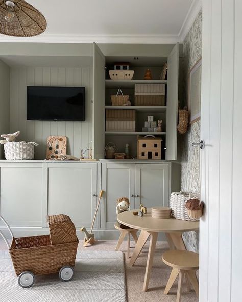 Kids Playroom Flooring, Hygge Nursery, Stylish Playroom, Toy Room Storage, Alcove Storage, Ikea Toy Storage, Playroom Shelves, Have A Lovely Evening, Roof Storage