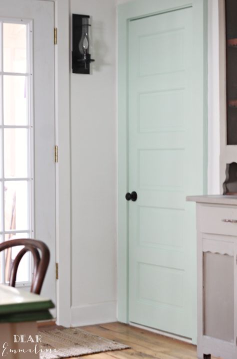 I think it’s about time to share our mint bathroom door! I’ve been holding off since our kitchen remodel still has a few projects left to complete and isn’t quite ready for a ful… Mint Door, Mint Green Bathrooms, Mint Green Bedroom, Mint Bathroom, Interior Door Colors, Tiffany Green, Inside Door, Bathroom Door, Green Door