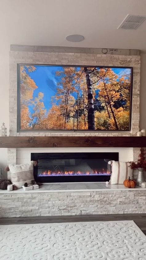 Fireplace With Large Tv Above, Diy Fireplace Entertainment Center, Diy Entertainment Center With Fireplace, Black Mantle Decor, Chimney Ideas, Bathroom Curtains Ideas, Black Tile Fireplace, Bungalow Remodel, Painting Brick