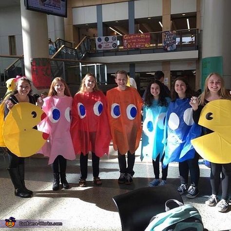 Abbie: From left to right: Gabrielle, Haley, Holly, AJ, Abbie, Bari, and Jenna. Homemade costumes out of tablecloths and paint for the ghosts. The Pacman are made out of cardboard, paint,... 5 Person Group Costume, 5 Person Costume, 5 Person Costume Ideas, 5 Person Halloween Costume, Pacman Costume, Costumes For Groups, Halloween Carnival Games, 2015 Halloween Costumes, Halloween Costumes For Work