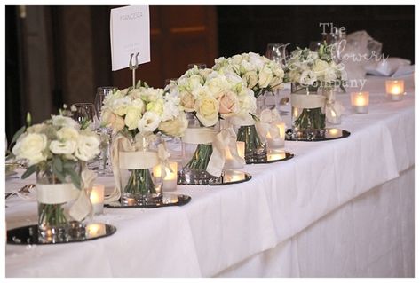 Top Table Wedding Flowers, Bridal Head Table, Bouquets In Vases, Top Table Wedding, Barn Wedding Flowers, Head Table Ideas, Head Table Wedding Decorations, Top Table Flowers, Pembroke Lodge