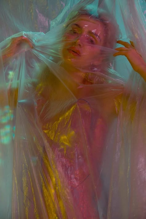 Translucent Photography Ideas, Plastic Background Photoshoot, Plastic Wrap Photoshoot, Cellophane Photography, Cellophane Photoshoot, Plastic Sheet Photography, Plastic Photoshoot, Cellophane Art, Face Pressed Against Glass Photography