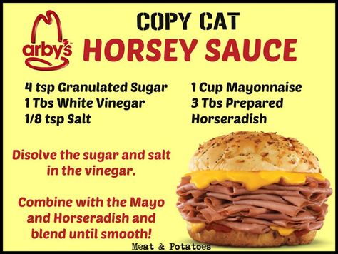 ARBY'S HORSEY SAUCE-Mix in blender, keeps for 2 weeks. Do not freeze. Horsey Sauce, Arby's Sauce, Copykat Recipes, Copycat Restaurant Recipes, Homemade Spices, Homemade Seasonings, Cat Recipes, Chapati, Homemade Sauce