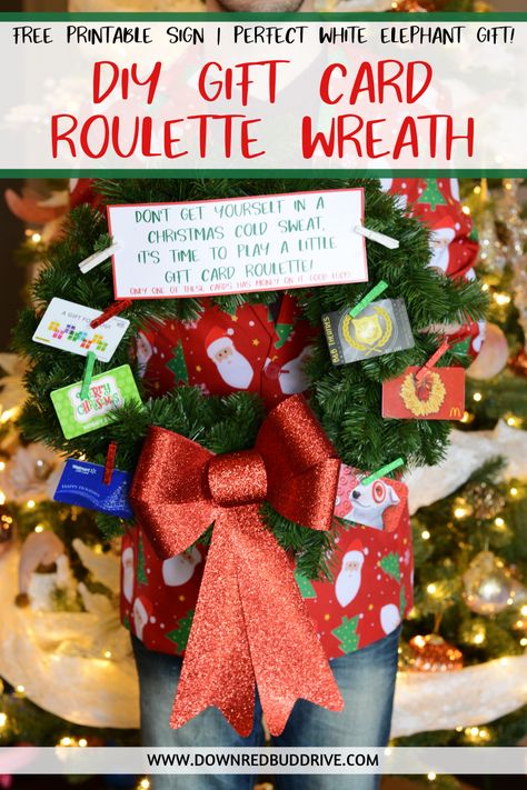 Gift Card Roulette Wreath | Gift Card Roulette | Christmas Gag Gift | White Elephant Gift | Christmas Gift Card Gift Idea | Christmas Gift Idea Funny | Down Redbud Drive #giftcardroulette #diygaggift #diywhiteelephantgift #christmasgiftidea #christmaswreathgift Diy Gag Gifts, Elephant Gifts Christmas, Gift Card Games, Gag Gifts Christmas, Swap Gifts, Christmas Gift Exchange, Printable Gift Cards, Diy Gift Card, Get Gift Cards