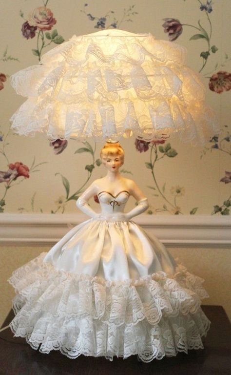 Off White Satin Dress, Satin Dress With Lace, Shabby Chic Lamp, Shabby Chic Decor Vintage, Vintage Shabby Chic Decor, Shabby Chic Decorating, White Satin Dress, Victorian Lamps, Chic Lamp