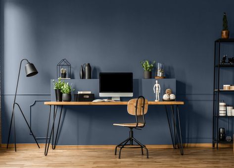 Behr Very Navy, Studio In Casa, Office Wall Colors, Blue Home Offices, Office Paint Colors, Office Vibes, Attic Ideas, Office Paint, Home Office Colors