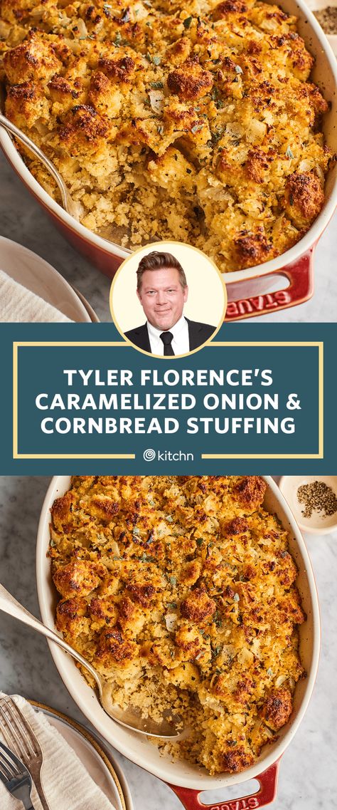 Onion Cornbread, Manly Meals, Thanksgiving Corn Bread, Tyler Florence Recipes, Cornbread Stuffing Recipes, Cornbread Stuffing, Tyler Florence, Homemade Cornbread, Mild Italian Sausage