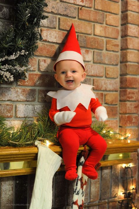 Dad Photoshopped His Son Into a Real-Life 'Elf on a Shelf' Funny Christmas Costumes, Funny Christmas Photos, Funny Christmas Outfits, Funny Baby Boy, Funny Christmas Pictures, Christmas Card Pictures, Baby Christmas Photos, Baby Kostüm, Funny Baby Pictures