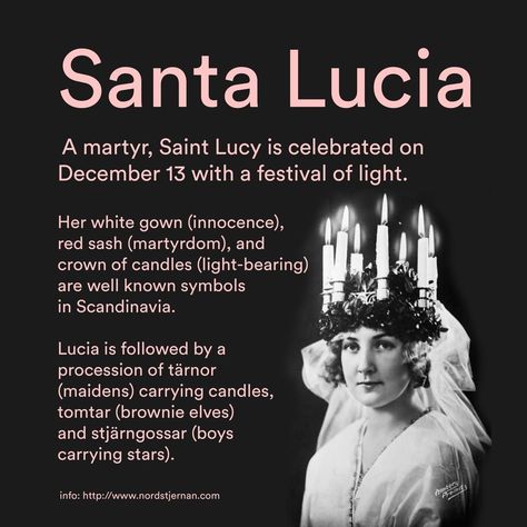 Happy Santa Lucia Festival! Find out much more about this saint of light on our Facebook page. #SantaLucia #SaintLucy #FestivalofLight #Yule Lucia Sweden, Saint Lucia Day, Sankta Lucia, Santa Lucia Day, Swedish Quotes, St Lucia Day, Saint Lucy, Swedish Traditions, Swedish Christmas