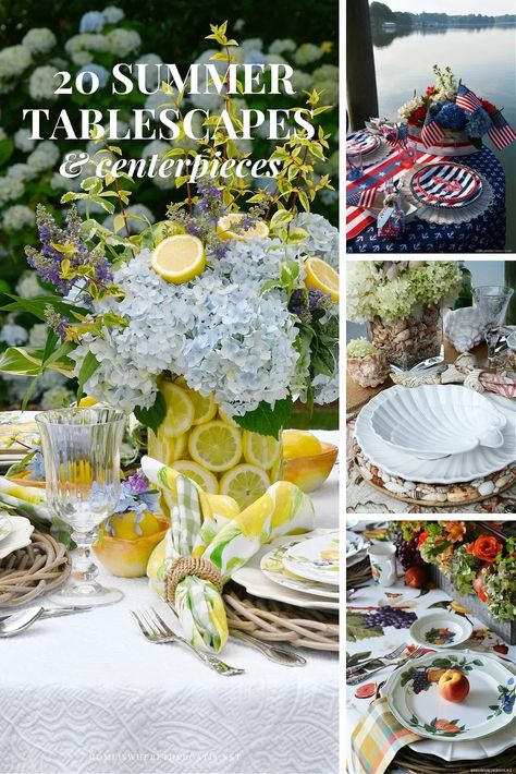 20 Summer Tablescapes and Centerpiece Inspiration #summer #tablescapes #alfresco #beach #lake #nautical #tropical #patriotic #flowers ©homeiswheretheboatis.net Watermelon Centerpiece, Lemon Vase, Centerpiece Inspiration, Patriotic Flowers, Nautical Table, Summer Tablescapes, Hydrangea Centerpiece, Summer Dining, Flower Vase Arrangements