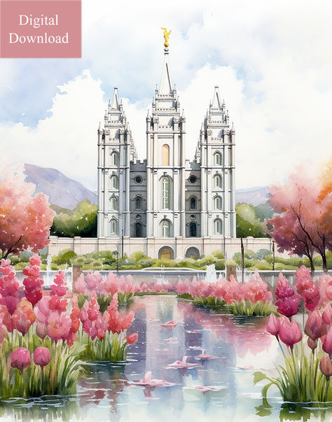 Salt Lake Latter-Day Saint Temple - Summer | Pink | Christian Art | Digital Art | Watercolor/Graphic design Watercolor Temple, Watercolor Graphic Design, Pink Christian, Watercolor Graphic, Beach Watercolor, Lds Church, Art Digital Art, Latter Days, Latter Day Saints