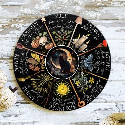 Witches Wheel, Pagan Calendar, Witch Grimoire, Witch Stuff, Wheel Of The Year, Moon Calendar, Wooden Door Signs, Witch Gift, Round Wood Sign