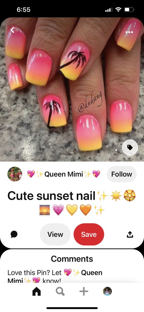 Summer Nails With Palm Trees, Palm Tree Ombre Nails, Yellow Nails With Palm Tree, Ombre Nails With Palm Trees, Sunset Palm Tree Nails, Queen Mimi, Tropical Nail Designs, Palm Tree Nails, Sunset Nails