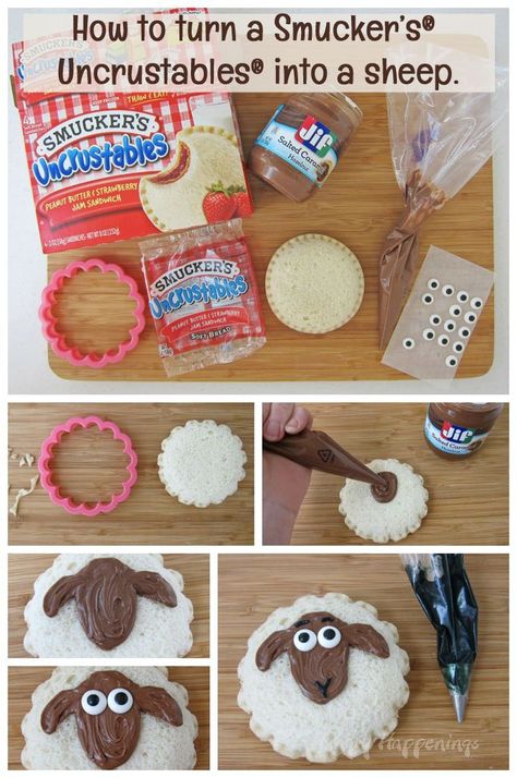 How to turn Smucker’s® Uncrustables® into cute sheep sandwiches. Bible School Snacks, Smuckers Uncrustables, Sunday School Snacks, Jif Peanut Butter, Bread Ideas, Trolls Party, Graduation Crafts, Kids Study, Cute Sheep