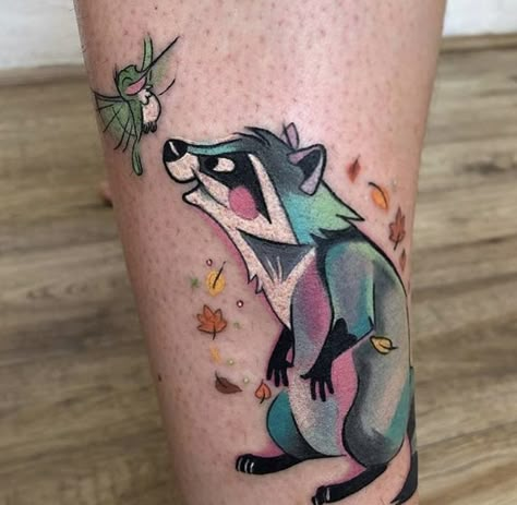 Disney Tattoos Pocahontas, Meeko And Flit, Meeko Pocahontas, Disney Palace, Lilo And Stitch Tattoo, Disney Sleeve Tattoos, Pocahontas Tattoo, Disney Sleeve, Badass Tattoos