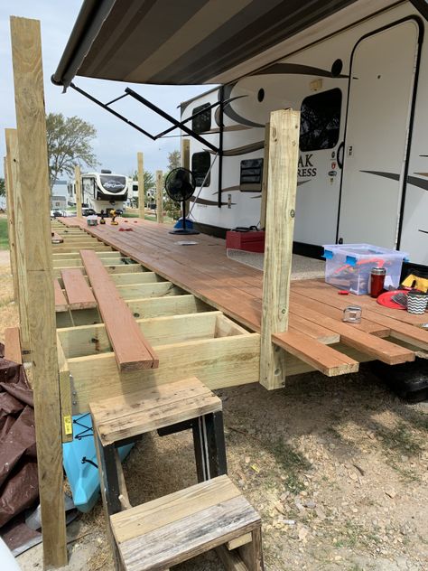 Building a deck for my camper. Rv Porches And Decks Diy, Deck Ideas For Campers, Deck For Camper, Rv Deck Ideas, Camper Deck, Rv Porch, Trailer Deck, Build A Deck, Deck Posts