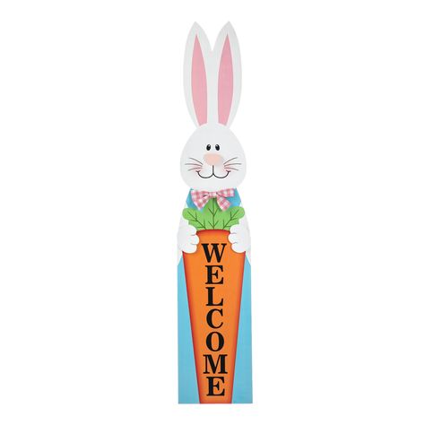 "Shop for this Glitzhome® 42\" Easter Wooden Bunny Welcome Porch Sign at Michaels. com. It features a vertical \"Welcome\" message on the orange carrot panel. It's a lovely accent to place on the front porch or entryway. The adorable huge bunny porch sign will bring joy to your home during this Spring season. It features a vertical \"Welcome\" message on the orange carrot panel. It's a lovely accent to place on the front porch or entryway. Details: Stylish design with classical bunny and carrot Easter Sentiments, Welcome Porch Sign, Rustic Easter Decor, Wooden Bunny, Bunny Door Hanger, Modern Holiday Decor, Porch Welcome Sign, Home Porch, Easter Signs